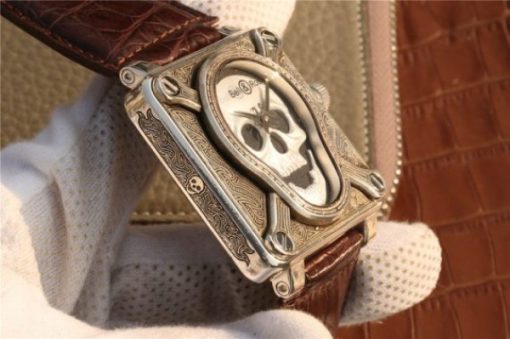Replica Bell & Ross BR01 Silver Case Burning Skull Tattoo Watch Silver Dial Leather Strap MIYOTA 9015 - Image 7