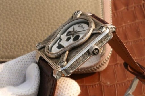 Replica Bell & Ross BR01 Silver Case Burning Skull Tattoo Watch Silver Dial Leather Strap MIYOTA 9015 - Image 8