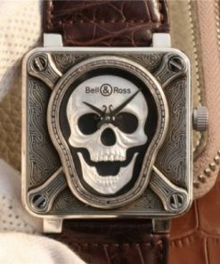 Replica Bell & Ross BR01 Silver Case Burning Skull Tattoo Watch Silver Dial Leather Strap MIYOTA 9015