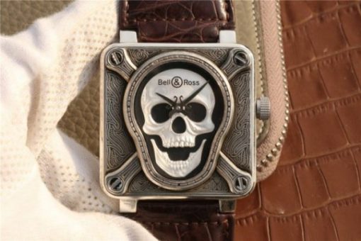 Replica Bell & Ross BR01 Silver Case Burning Skull Tattoo Watch Silver Dial Leather Strap MIYOTA 9015