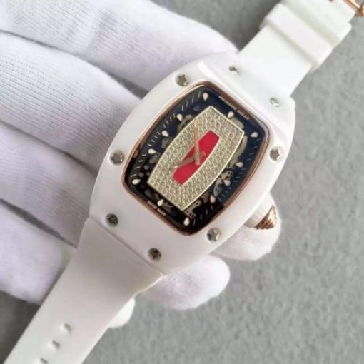 Replica Richard Mille RM 007-01 Lady SS Diamonds Red Dial RG White Rubber Strap 6T51 - Image 2