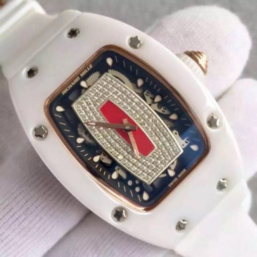 Replica Richard Mille RM 007-01 Lady SS Diamonds Red Dial RG White Rubber Strap 6T51 - Image 3