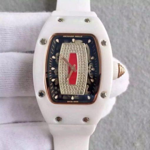 Replica Richard Mille RM 007-01 Lady SS Diamonds Red Dial RG White Rubber Strap 6T51