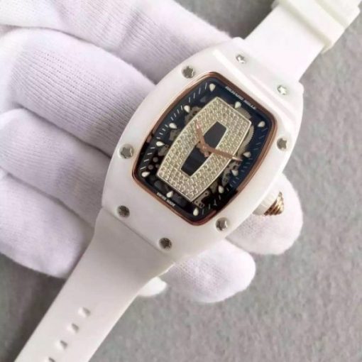 Replica Richard Mille RM007-01 Lady SS Diamonds Black Dial RG White Rubber Strap 6T51 - Image 2