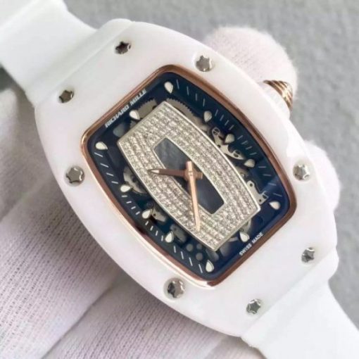 Replica Richard Mille RM007-01 Lady SS Diamonds Black Dial RG White Rubber Strap 6T51 - Image 3