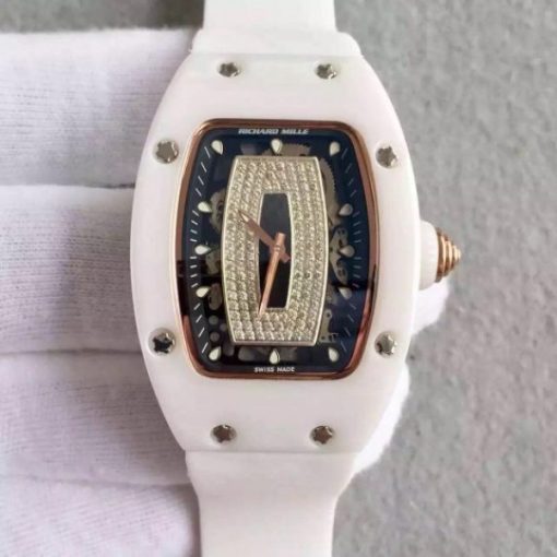 Replica Richard Mille RM007-01 Lady SS Diamonds Black Dial RG White Rubber Strap 6T51