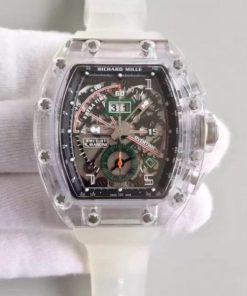 Replica Richard Mille RM011 Transparent Case Black/Green Bezel Skeleton Dial White Rubber Strap A7750