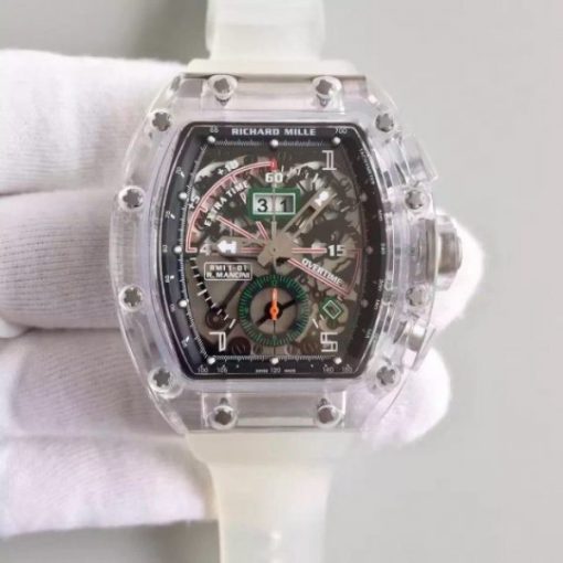 Replica Richard Mille RM011 Transparent Case Black/Green Bezel Skeleton Dial White Rubber Strap A7750
