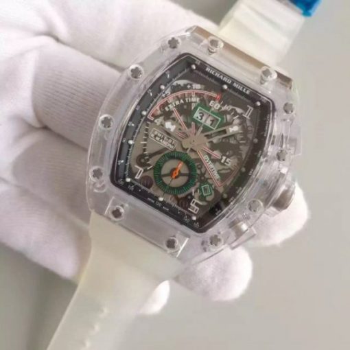 Replica Richard Mille RM011 Transparent Case Black/Green Bezel Skeleton Dial White Rubber Strap A7750 - Image 2