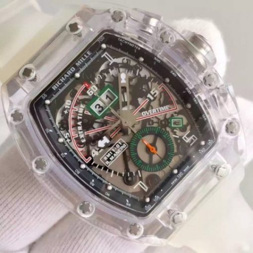 Replica Richard Mille RM011 Transparent Case Black/Green Bezel Skeleton Dial White Rubber Strap A7750 - Image 3