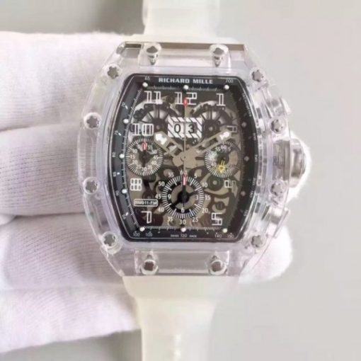 Replica Richard Mille RM011 Transparent Case White Bezel Skeleton Dial White Rubber Strap A7750