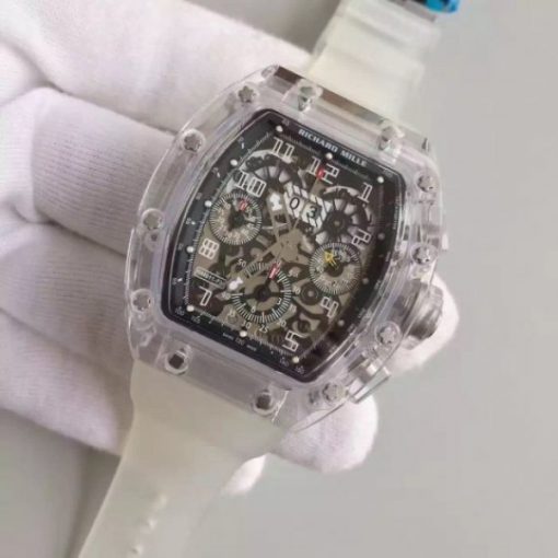 Replica Richard Mille RM011 Transparent Case White Bezel Skeleton Dial White Rubber Strap A7750 - Image 2