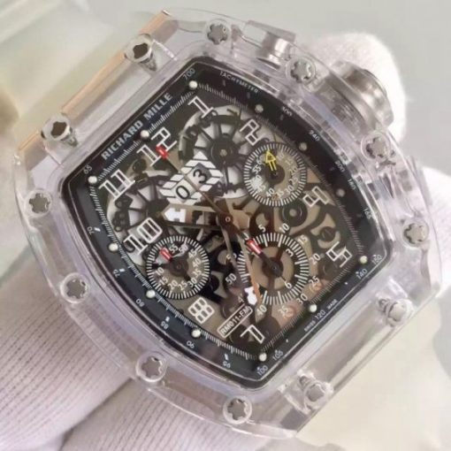 Replica Richard Mille RM011 Transparent Case White Bezel Skeleton Dial White Rubber Strap A7750 - Image 3