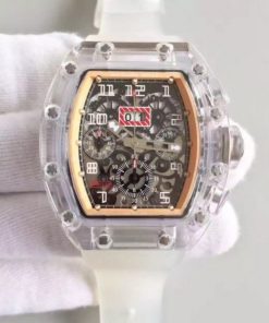 Replica Richard Mille RM011 Transparent Case RG/Black Bezel Skeleton Dial White Rubber Strap A7750