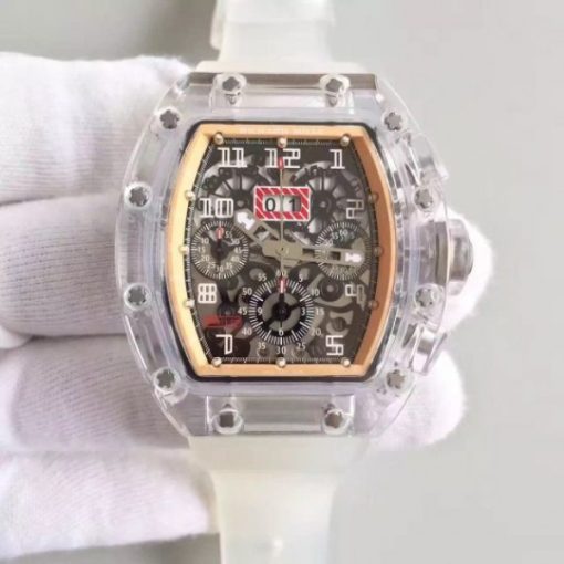 Replica Richard Mille RM011 Transparent Case RG/Black Bezel Skeleton Dial White Rubber Strap A7750