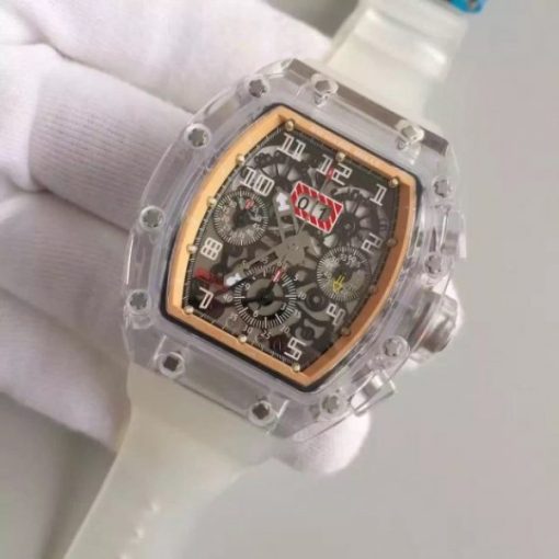 Replica Richard Mille RM011 Transparent Case RG/Black Bezel Skeleton Dial White Rubber Strap A7750 - Image 2