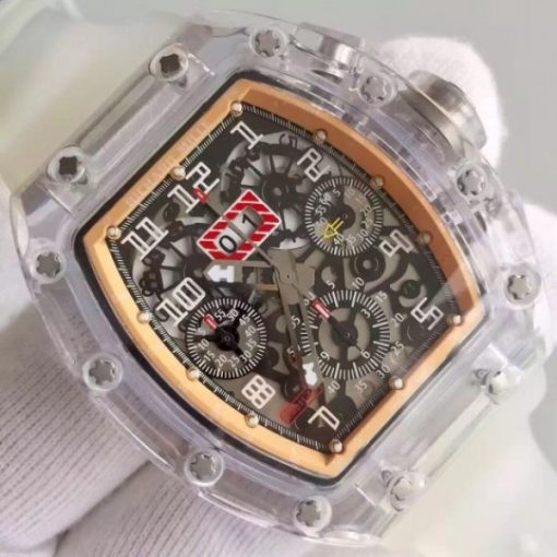 Replica Richard Mille RM011 Transparent Case RG/Black Bezel Skeleton Dial White Rubber Strap A7750 - Image 3