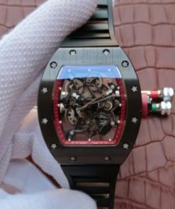 Replica Richard Mille RM055 Black Ceramic Red Inner Bezel Skeleton Dial Black Rubber Strap MIYOTA8215