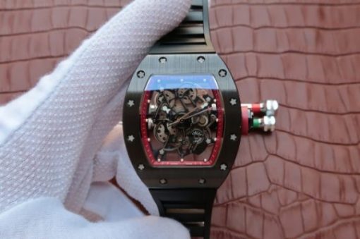 Replica Richard Mille RM055 Black Ceramic Red Inner Bezel Skeleton Dial Black Rubber Strap MIYOTA8215