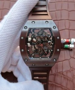 Replica Richard Mille RM055 Brown Ceramic Brown Inner Bezel Skeleton Dial Brown Rubber Strap MIYOTA8215