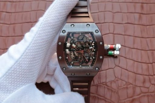 Replica Richard Mille RM055 Brown Ceramic Brown Inner Bezel Skeleton Dial Brown Rubber Strap MIYOTA8215