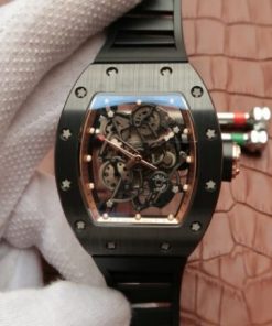 Replica Richard Mille RM055 Black Ceramic RG Inner Bezel Skeleton Dial Black Rubber Strap MIYOTA8215