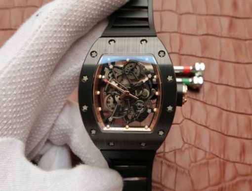 Replica Richard Mille RM055 Black Ceramic RG Inner Bezel Skeleton Dial Black Rubber Strap MIYOTA8215
