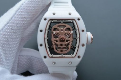 Replica Richard Mille RM052 White Ceramic Gold Skull Dial White Rubber Strap MIYOTA8215
