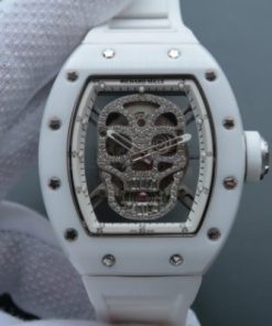 Replica Richard Mille RM052 White Ceramic Diamonds Skull Dial White Rubber Strap MIYOTA8215