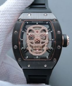 Replica Richard Mille RM052 Black Ceramic Full Paved Diamonds Skull Dial Black Rubber Strap MIYOTA8215