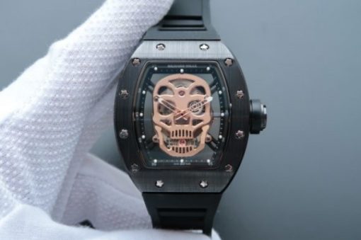 Replica Richard Mille RM052 Black Ceramic Gold Skull Dial Black Rubber Strap MIYOTA8215