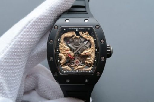 Replica Richard Mille RM057 Dragon Phoenix PVD SS Case YG Dragon Dial Black Rubber Strap