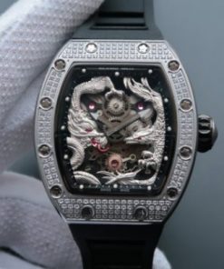 Replica Richard Mille RM057 Dragon Phoenix SS Case Diamonds Bezel Silver Dial Black Rubber Strap