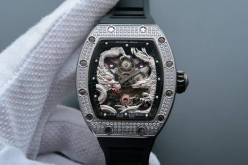 Replica Richard Mille RM057 Dragon Phoenix SS Case Diamonds Bezel Silver Dial Black Rubber Strap
