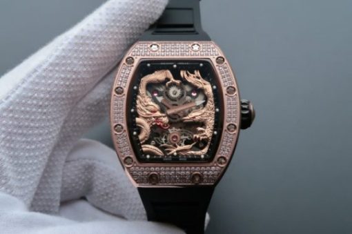 Replica Richard Mille RM057 Dragon Phoenix RG Case Diamonds Bezel RG Dial Black Rubber Strap