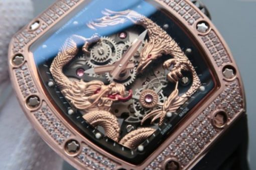 Replica Richard Mille RM057 Dragon Phoenix RG Case Diamonds Bezel RG Dial Black Rubber Strap - Image 2