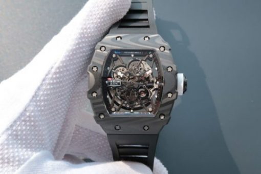 Replica Richard Mille RM035 Rafael Nadal Forge Carbon Titanium Case KVF Skeleton Dial White Rubber Strap MIYOTA8215