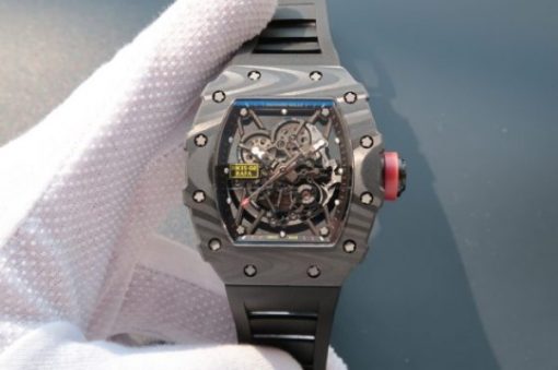Replica Richard Mille RM035 Rafael Nadal Forge Carbon Titanium Case KVF Skeleton Dial Red Black Rubber Strap MIYOTA8215