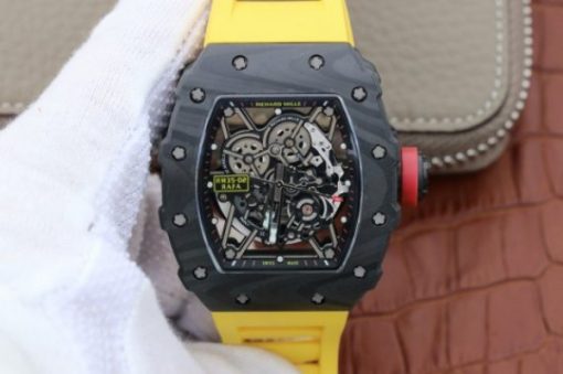 Replica Richard Mille RM035-02 Rafael Nadal FC Titanium Case KVF Skeleton Dial Red Yellow Rubber Strap MIYOTA8215