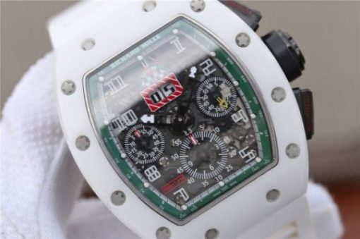 Replica Richard Mille RM011 White Ceramic Felipe Massa Green Inner Bezel White Rubber Strap A7750 - Image 3