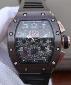 Replica Richard Mille RM011 Brown Ceramic RG Chrono Skeleton Dial Black Rubber Strap A7750