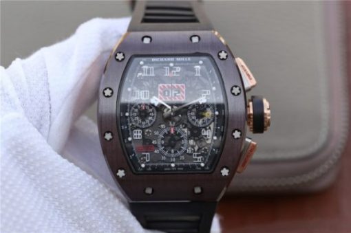 Replica Richard Mille RM011 Brown Ceramic RG Chrono Skeleton Dial Black Rubber Strap A7750