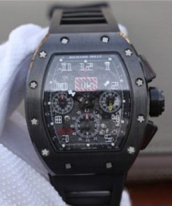 Replica Richard Mille RM011 Black Ceramic PVD Chrono Skeleton Dial Black Rubber Strap A7750