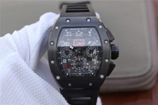 Replica Richard Mille RM011 Black Ceramic PVD Chrono Skeleton Dial Black Rubber Strap A7750