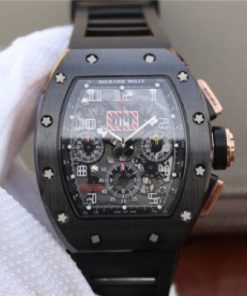 Replica Richard Mille RM011 RG Black Ceramic Chrono Skeleton Dial Black Rubber Strap A7750