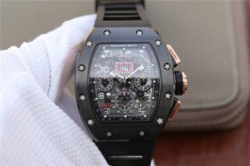 Replica Richard Mille RM011 RG Black Ceramic Chrono Skeleton Dial Black Rubber Strap A7750