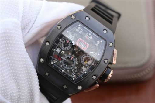 Replica Richard Mille RM011 RG Black Ceramic Chrono Skeleton Dial Black Rubber Strap A7750 - Image 2
