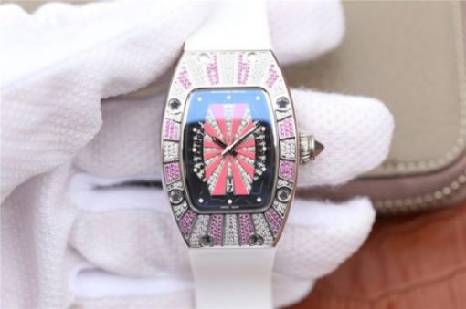 Replica Richard Mille RM 007 Lady SS Diamonds Black Inner Bezel White Rubber Strap 6T51