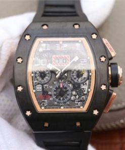 Replica Richard Mille RM011 RG Black Ceramic Chrono Skeleton Dial RG Inner Bezel Black Rubber Strap A7750