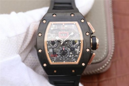 Replica Richard Mille RM011 RG Black Ceramic Chrono Skeleton Dial RG Inner Bezel Black Rubber Strap A7750